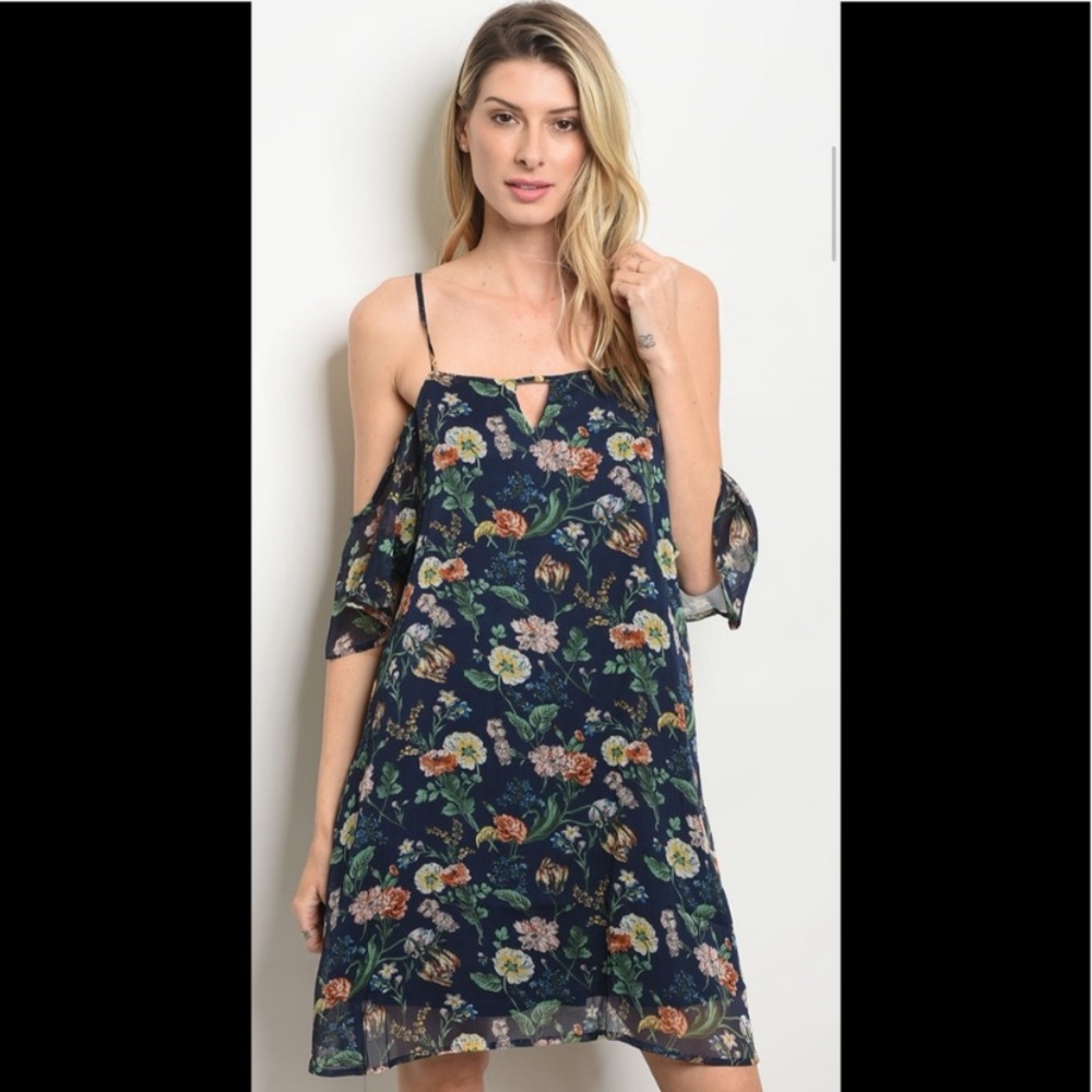 Navy floral cold shoulder mini with keyhole dress
